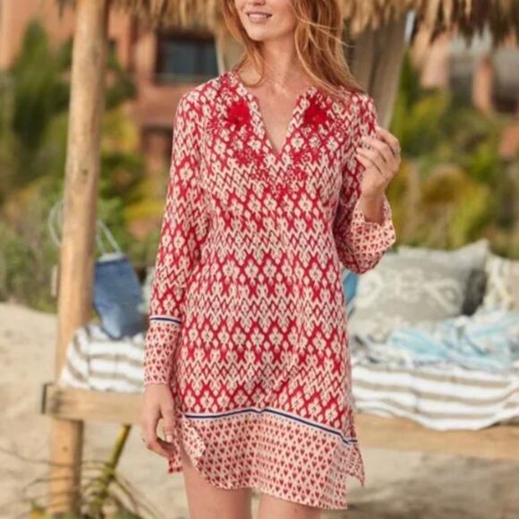 Sundance Red Embroidered Cotton Tunic Dress Ikat Print Boho Beach Coverup S - Picture 1 of 7